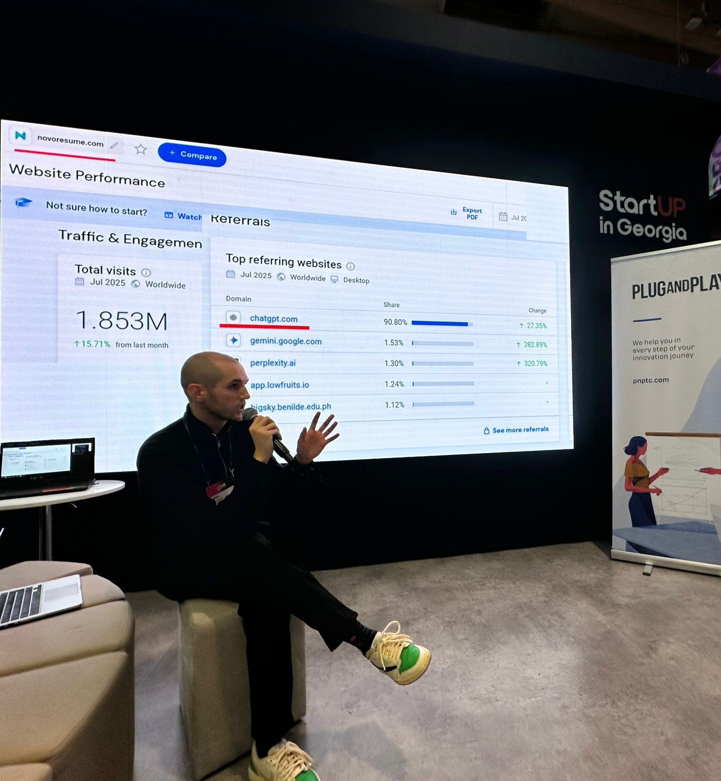 Giorgi Muzashvili presenting AI Visibility analytics on stage